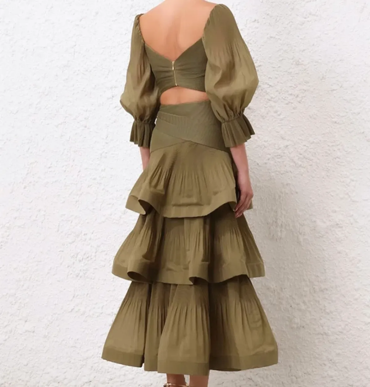 Zimmermann Pleated Bodice and Tiered Skirt Set in Olive Size 2 - Image 2