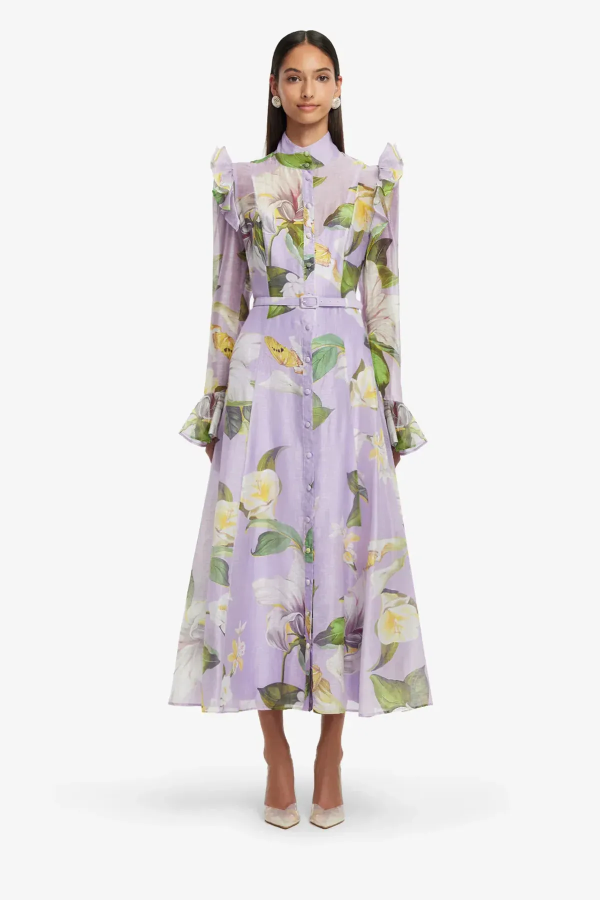 Leo Lin  Katrina Butterfly Sleeve Midi Dress Lily Blossom Print in Lilac Size 16 - Image 1