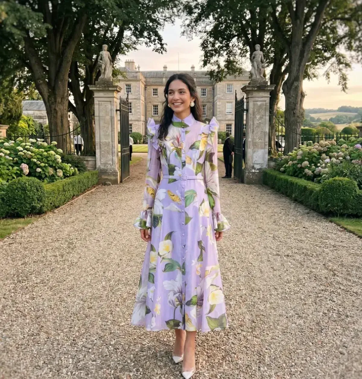 Leo Lin  Katrina Butterfly Sleeve Midi Dress Lily Blossom Print in Lilac Size 16 - Image 1
