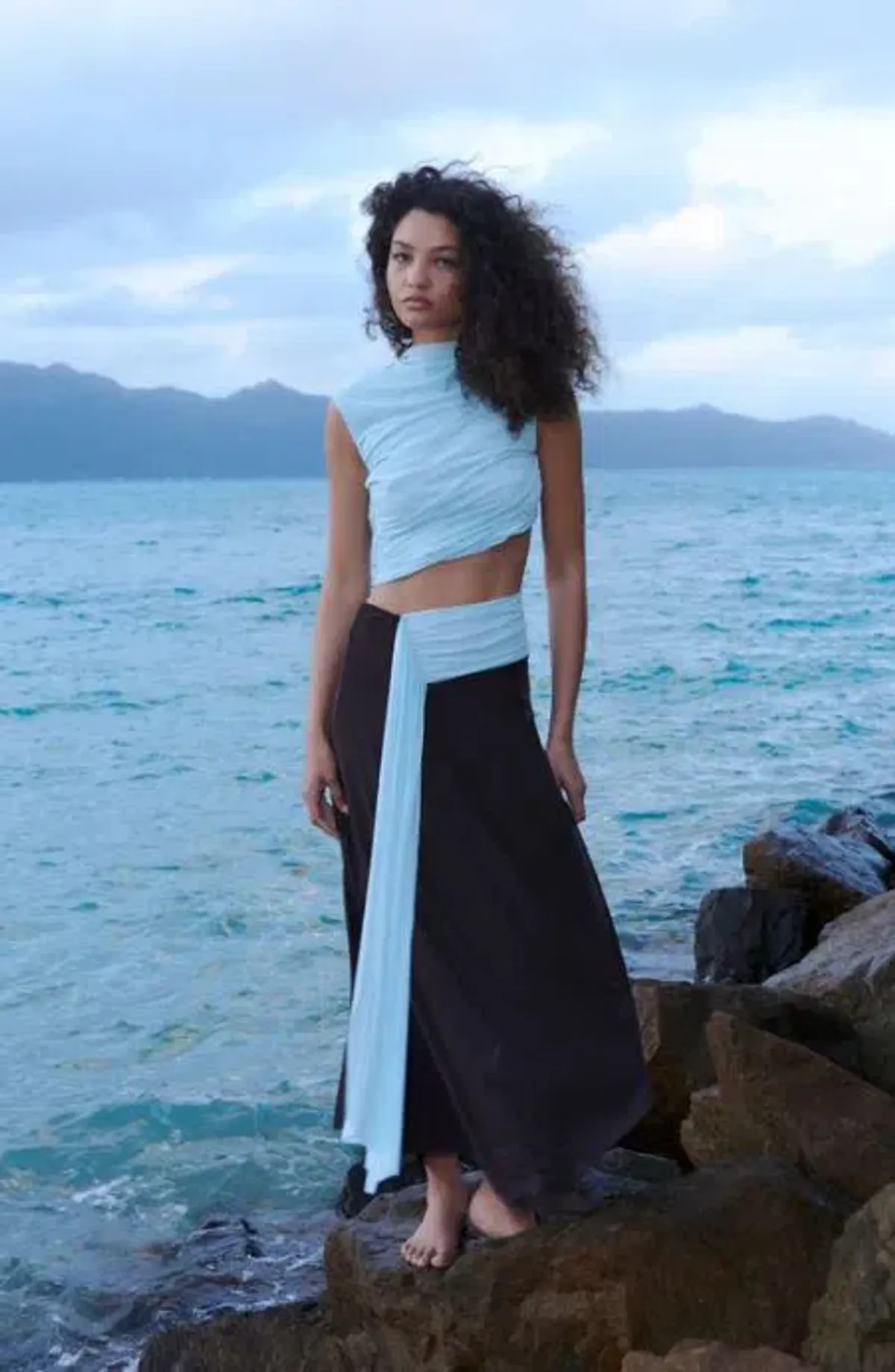 Bec and Bridge Conni Asym Midi Dress in Arctic Blue and Dark Chocolate Size 8 - Image 1