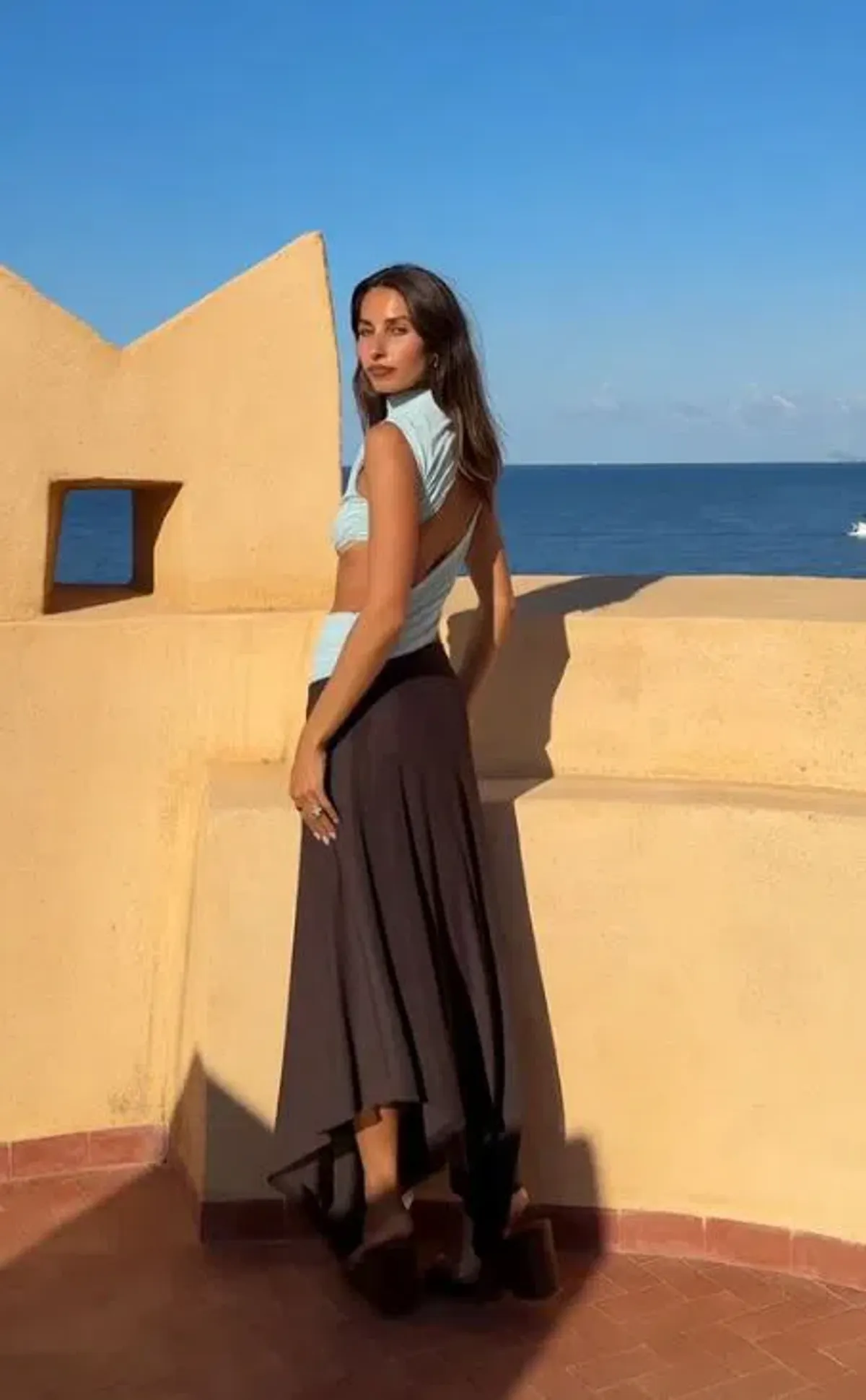 Bec and Bridge Conni Asym Midi Dress in Arctic Blue and Dark Chocolate Size 8 - Image 3