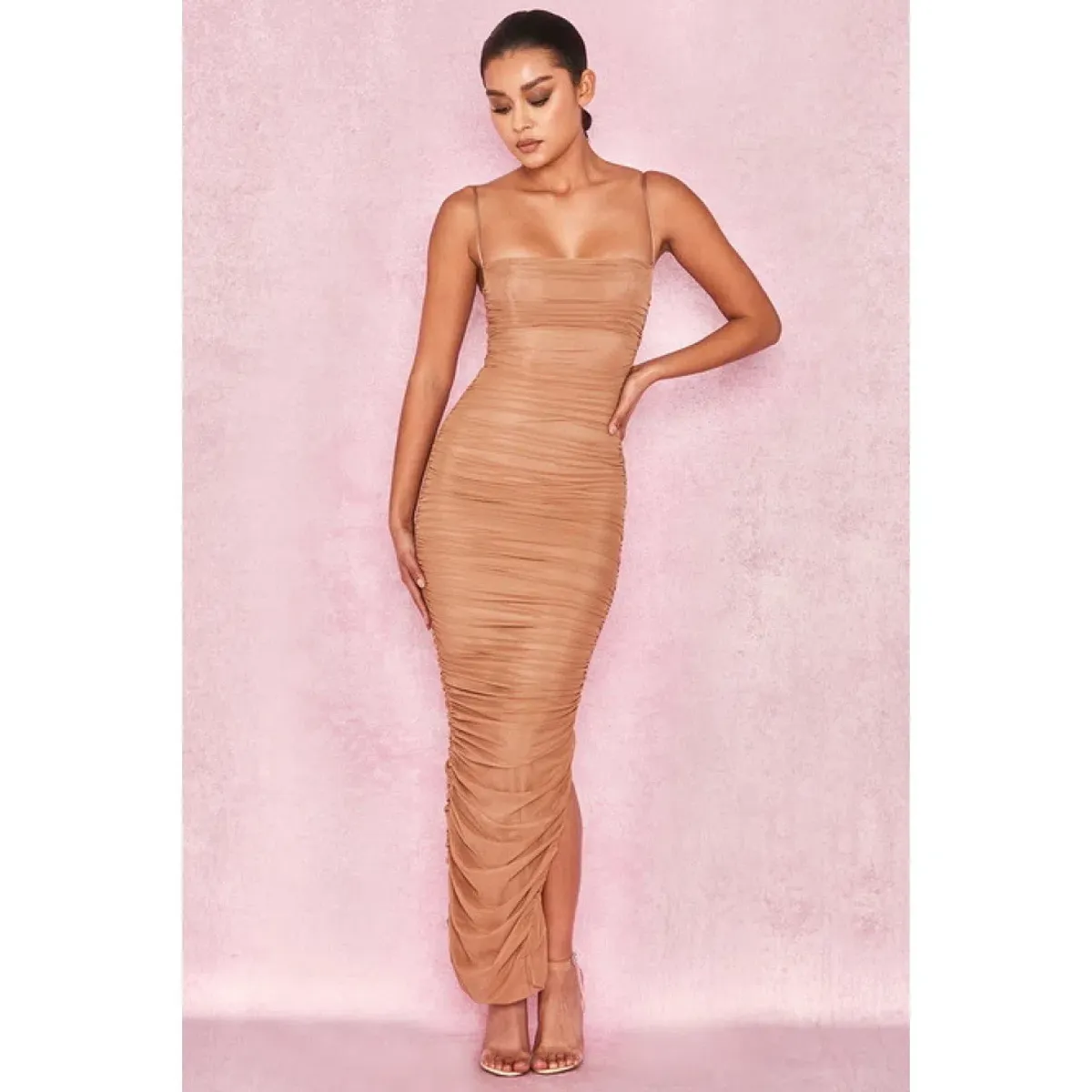 House of CB Fornarina Mesh Organza Midi Dress Nude Size 14  - Image 3