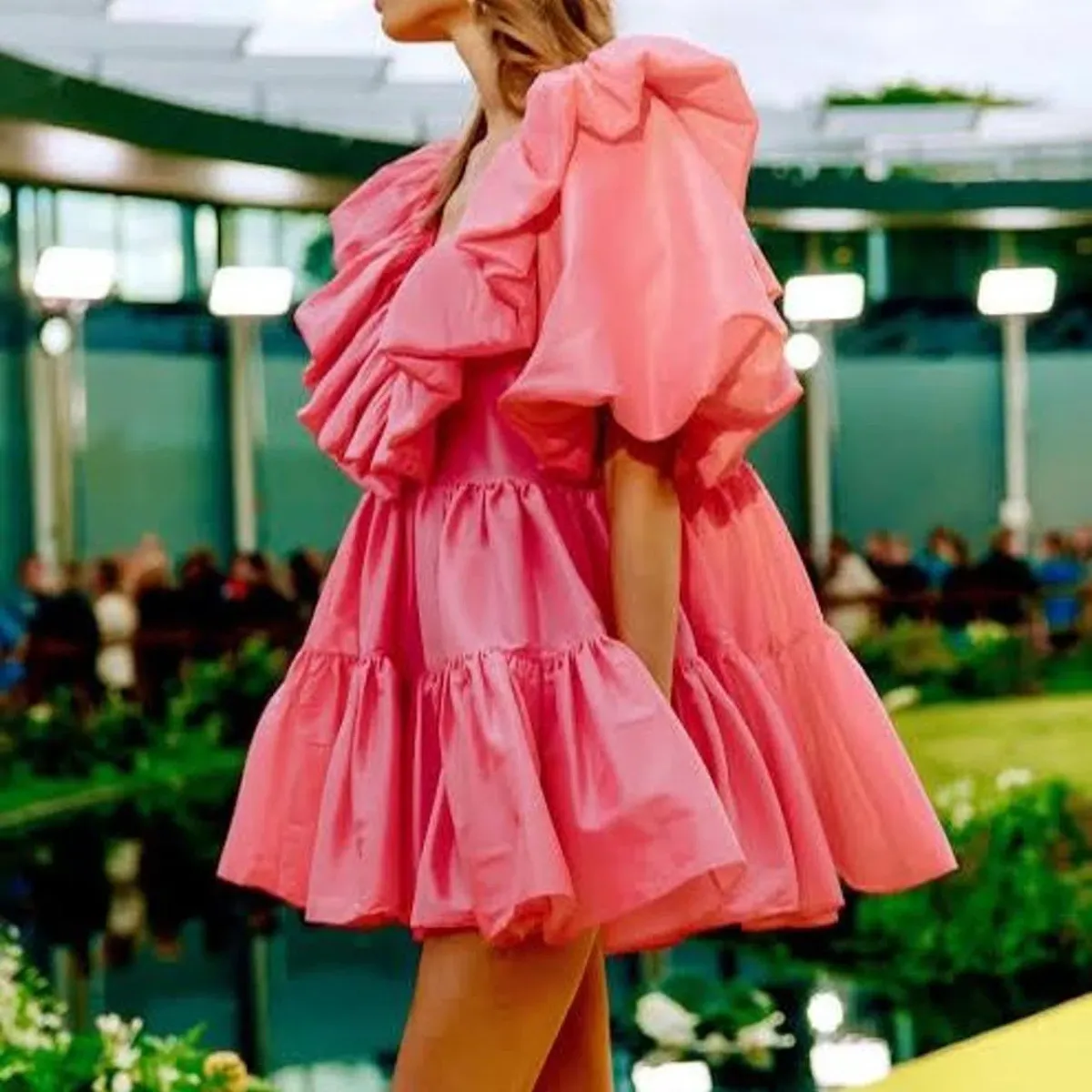 AJE SOLSTICE pink RUFFLE puff sleeve TIERED SMOCK DRESS SIZE 14  - Image 8