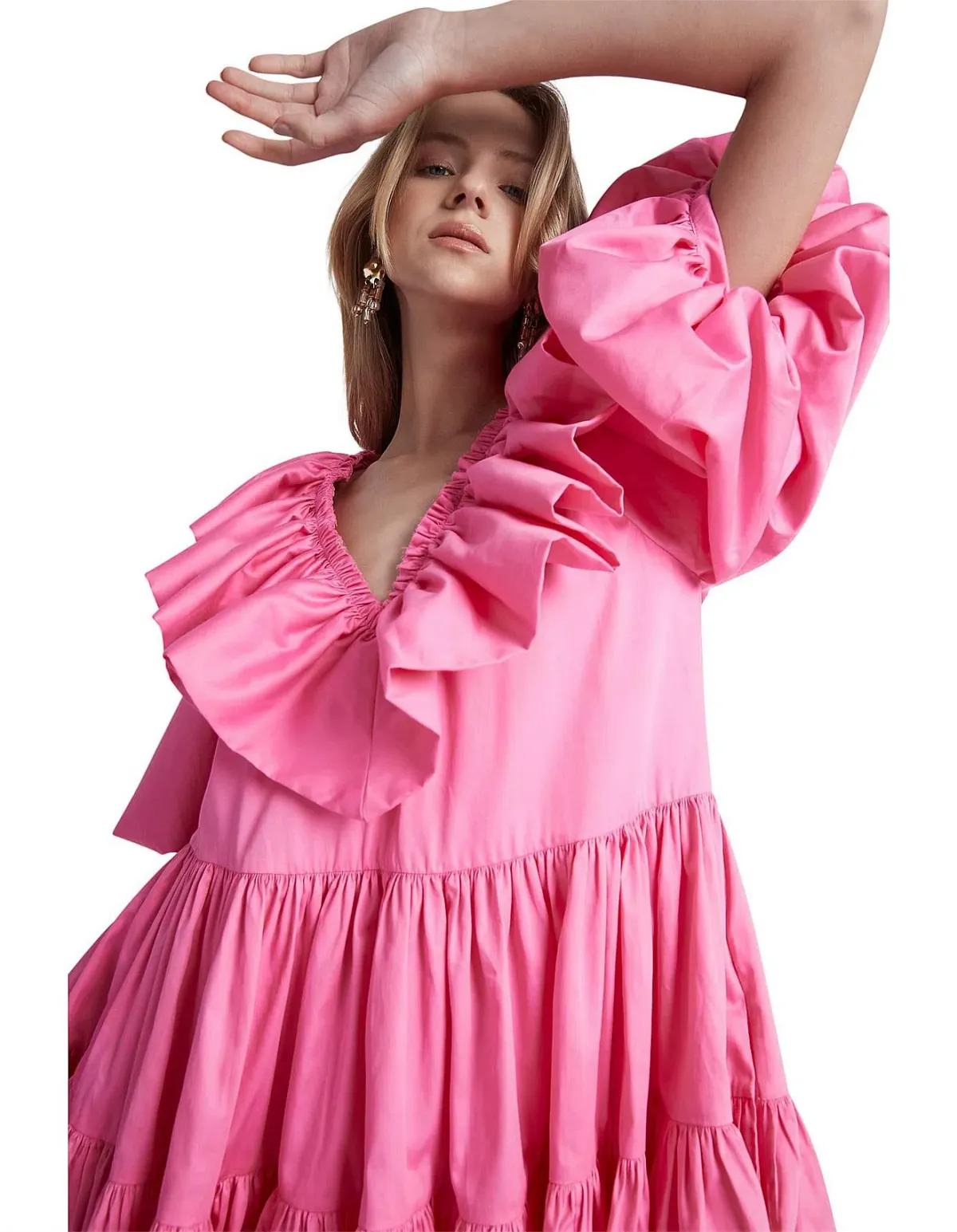 AJE SOLSTICE pink RUFFLE puff sleeve TIERED SMOCK DRESS SIZE 14  - Image 6