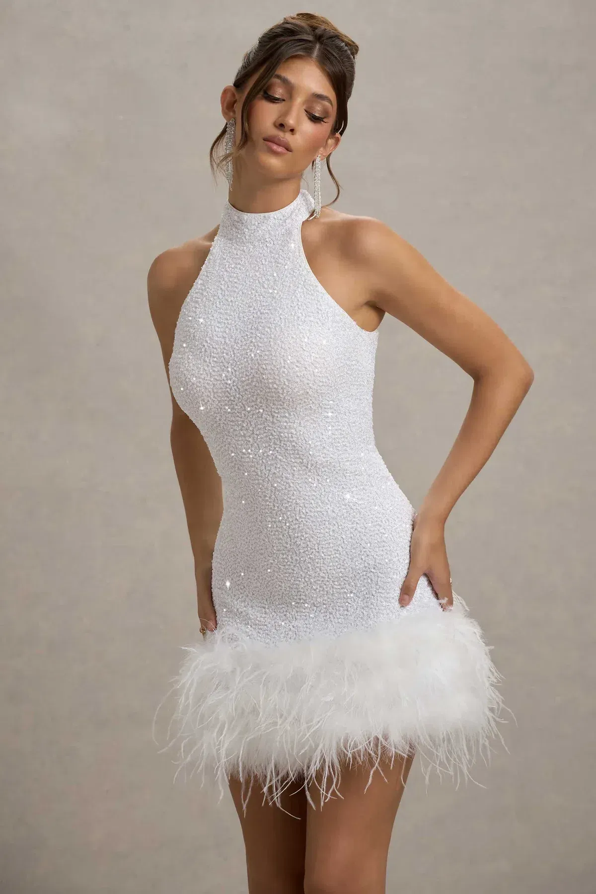 Club London LUMI White Sequin High-Neck Feather Trim Mini Dress 6 - Image 3