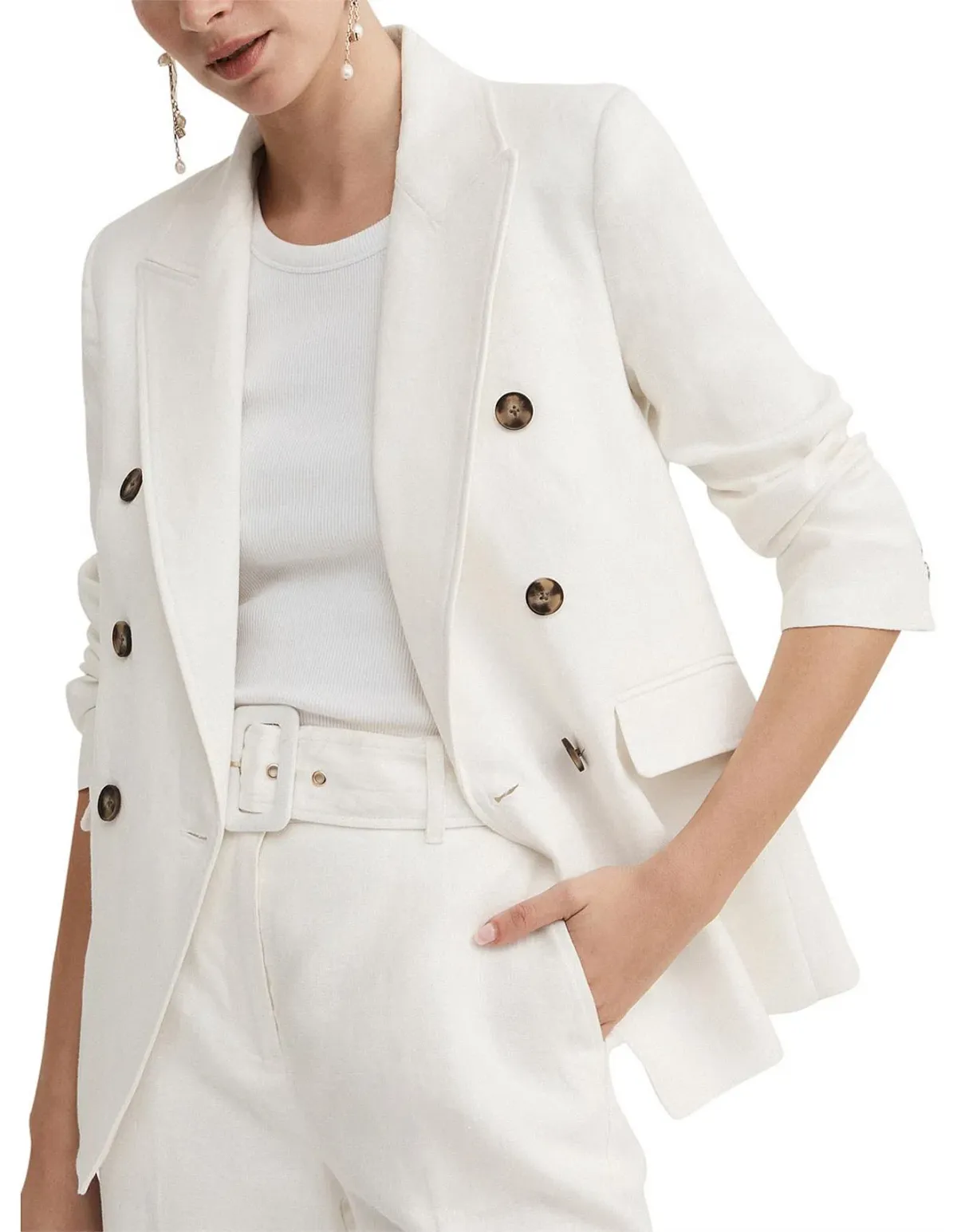 Witchery Linen Double-Breasted Crop Sleeve Blazer White Size 8 - Image 1