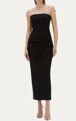 Rachel Gilbert Dottie Floral Crystal Sheer Draped Midi Dress Black Size 6 for rent on The Volte - image 4