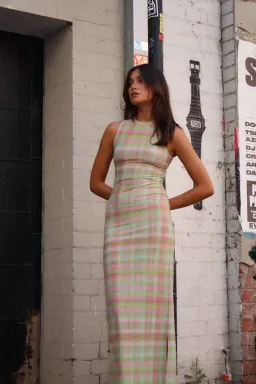 With Harper Lu Plaid Mesh Maxi Dress in green and pink for rent on The Volte - image 1