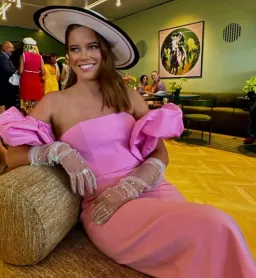 Bianca and Bridgett size 10 pink midi dress with bubble sleeves  for rent on The Volte - image 2