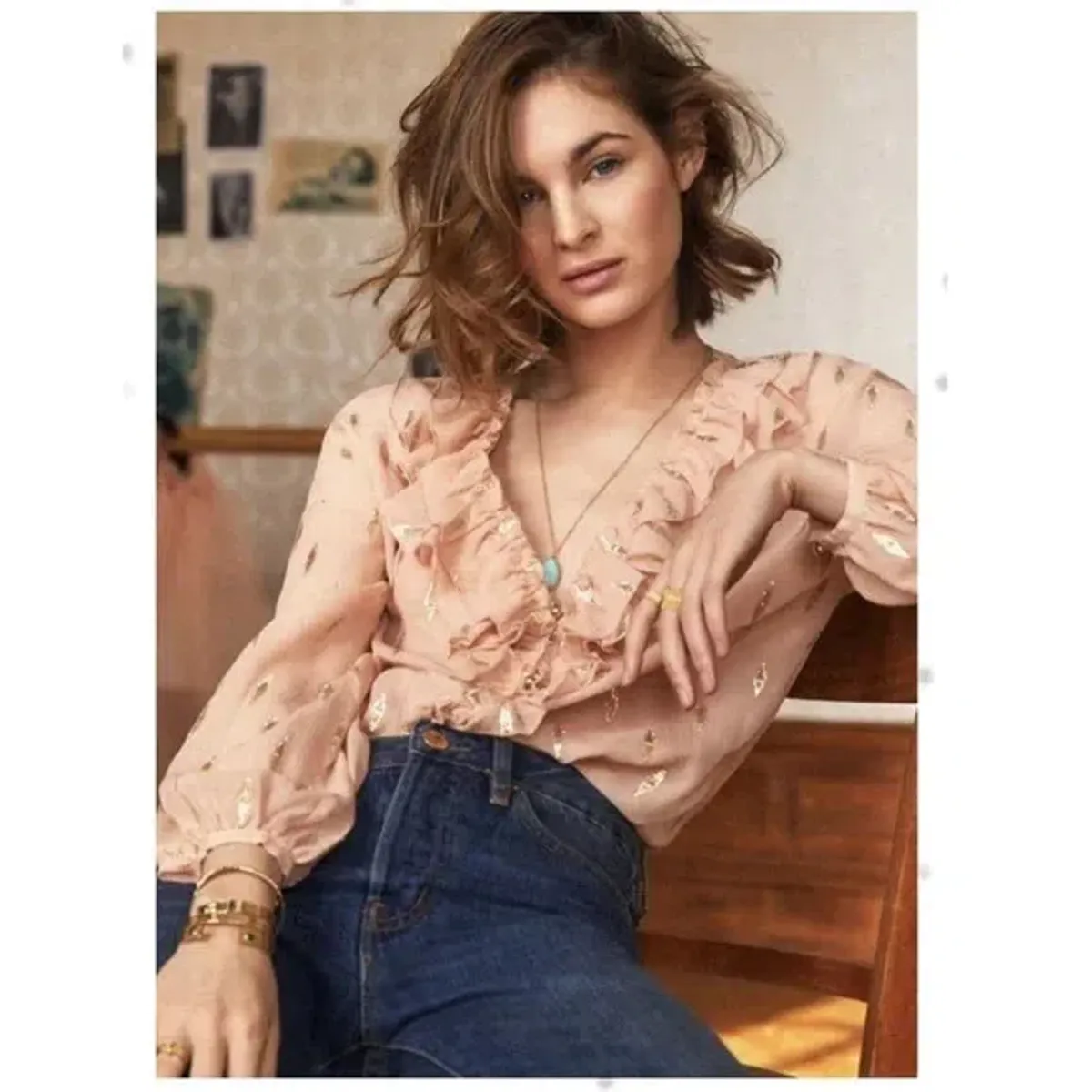 Sezane Izaac Shirt in Rosy Beige Lurex Size 40 - Image 1