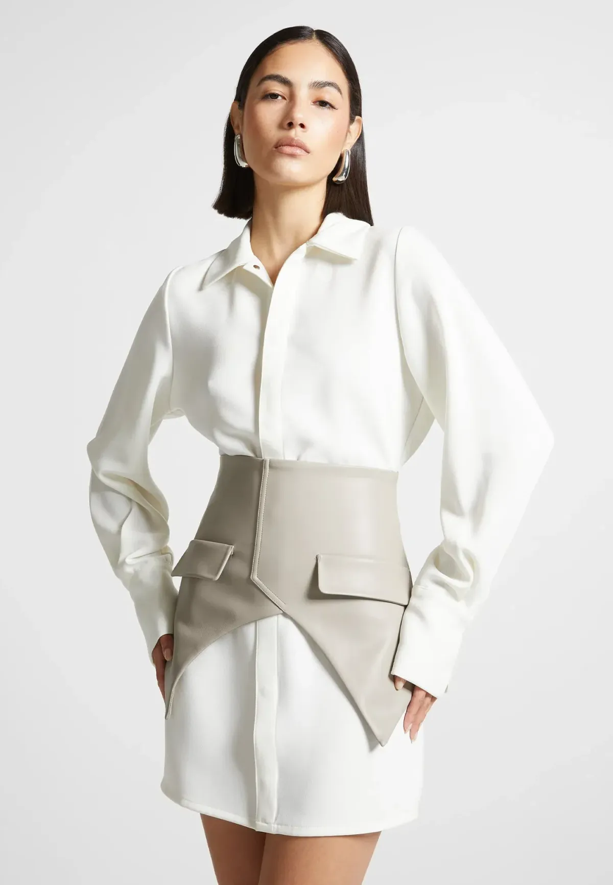 Manière De Voir Corset Shirt Dress - White/Beige - Image 1