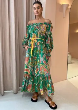 Alemais Marion Off Shoulder Midi Dress Size AU 12 US 8 Green Organic Cotton for rent on The Volte - image 1