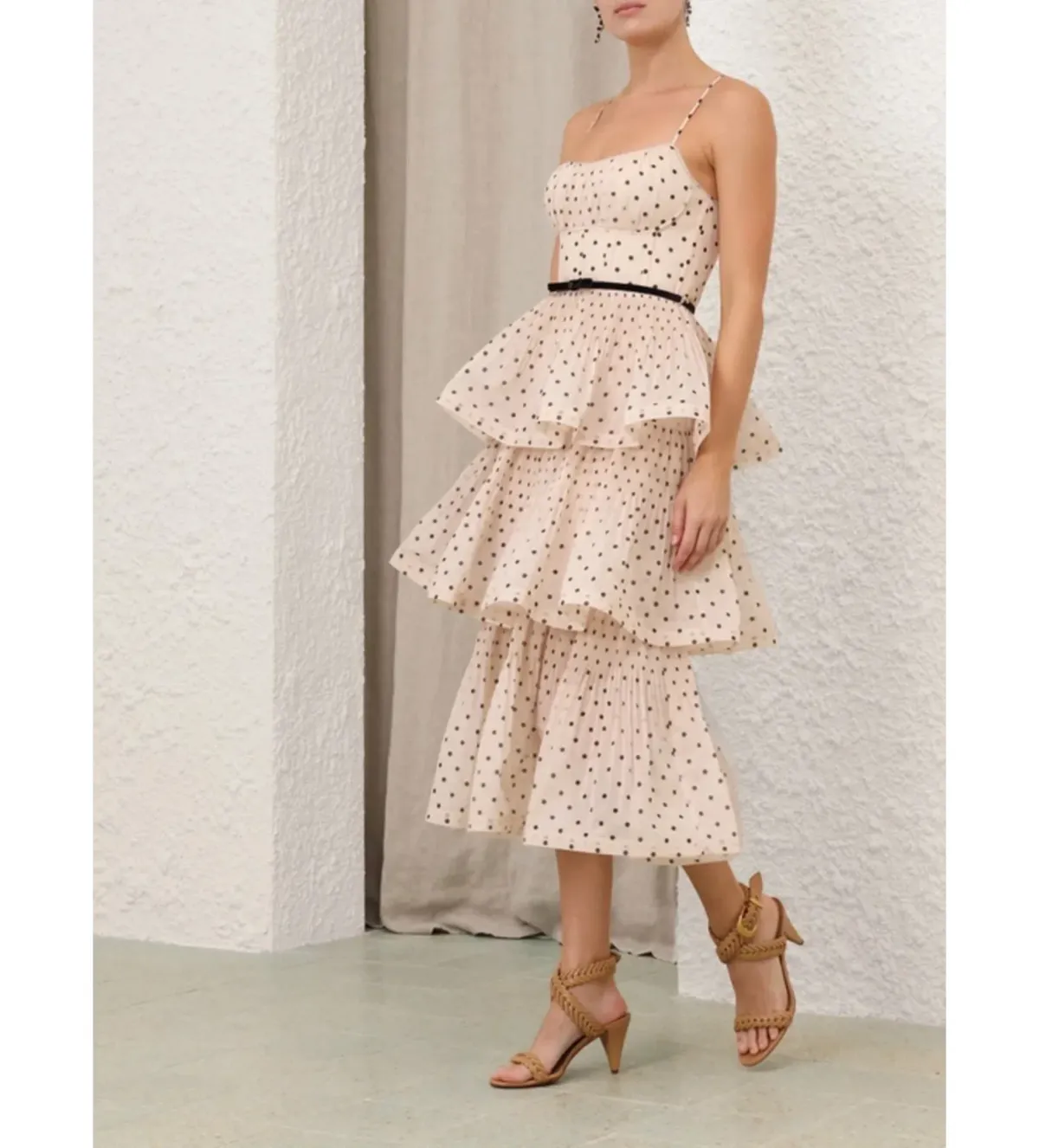 Zimmermann Pleated Tiered Midi Dress in Cream/Black Polka Dot Size 2/AU 12 - Image 2