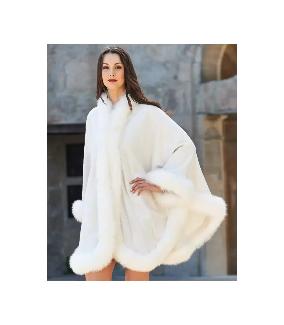 Fur Hat World - Cashmere Cape with Fox Fur Trim - Ivory - O/S - Image 2