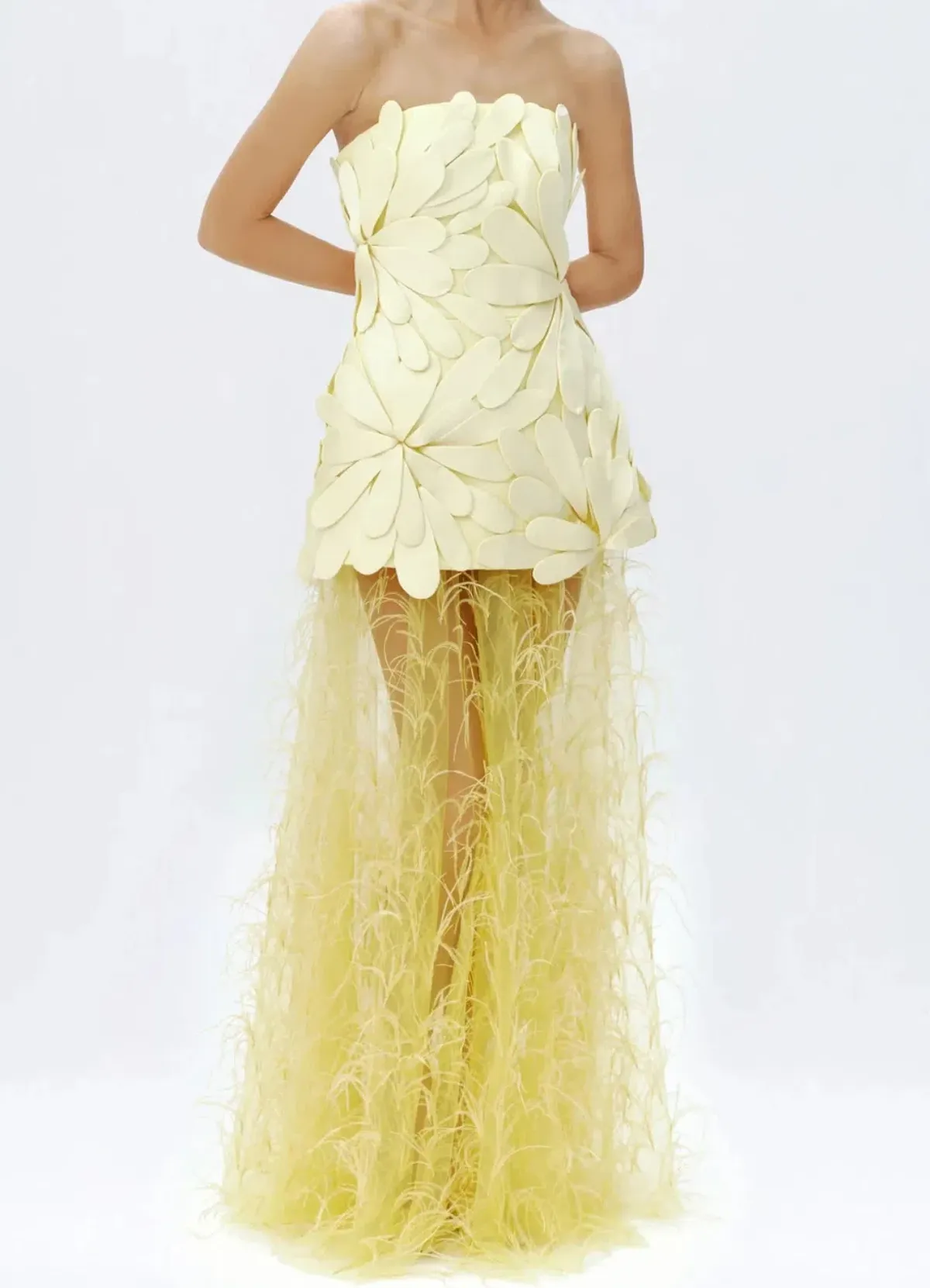 Justin Tong Marisol Applique Gown Yellow Feather Sheer Dress Size 10 - Image 5