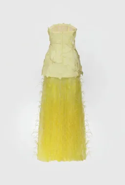 Justin Tong Marisol Applique Gown Yellow Feather Sheer Dress Size 10 for rent on The Volte - image 8