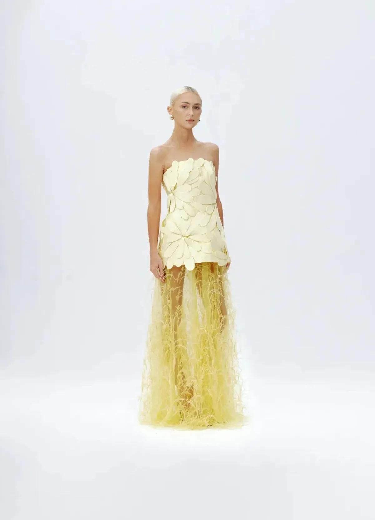 Justin Tong Marisol Applique Gown Yellow Feather Sheer Dress Size 10 - Image 4