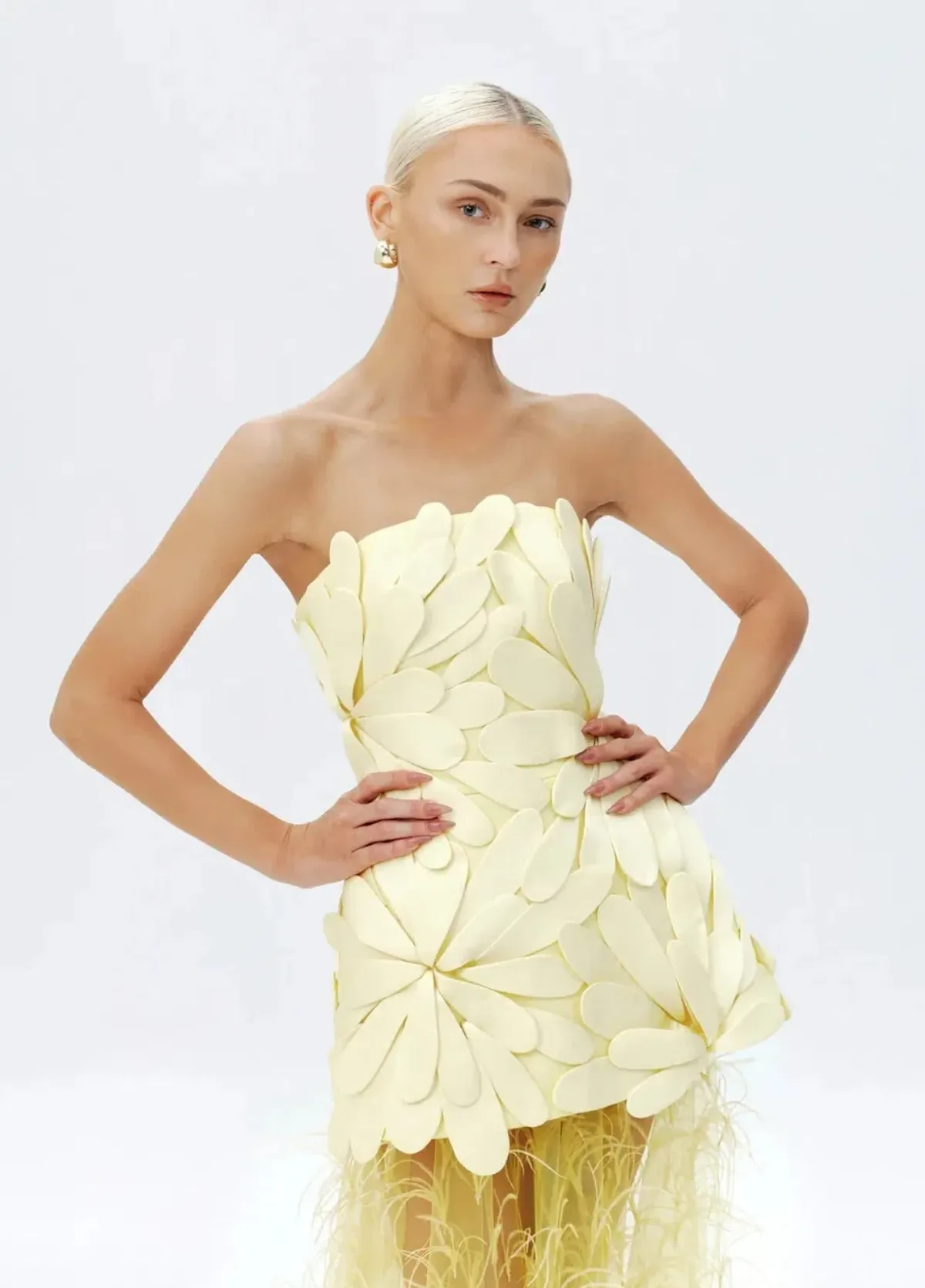Justin Tong Marisol Applique Gown Yellow Feather Sheer Dress Size 10 - Image 3