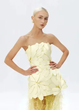Justin Tong Marisol Applique Gown Yellow Feather Sheer Dress Size 10 for rent on The Volte - image 3