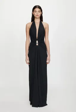 Christopher Esber Crystal Pendant Ruched Lycra Halter Dress Black Size 10 for rent on The Volte - image 1