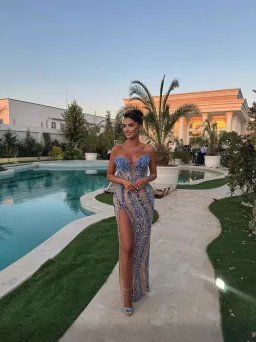 Albina Dyla - Blue embellished dress with leaf corset for rent on The Volte - image 2