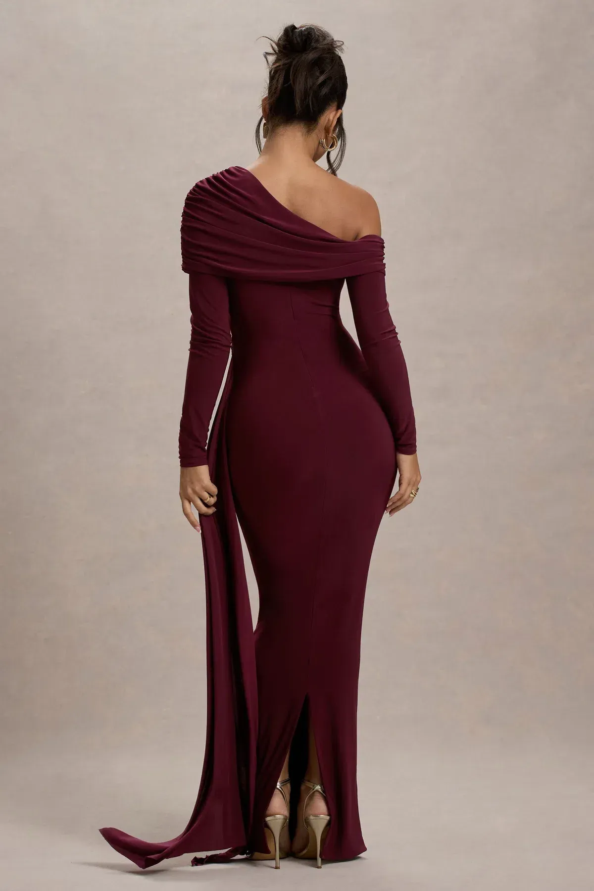 Club L London VALINA Dress - Burgundy Ruched Asymmetric Maxi Dress With Drape - Image 2