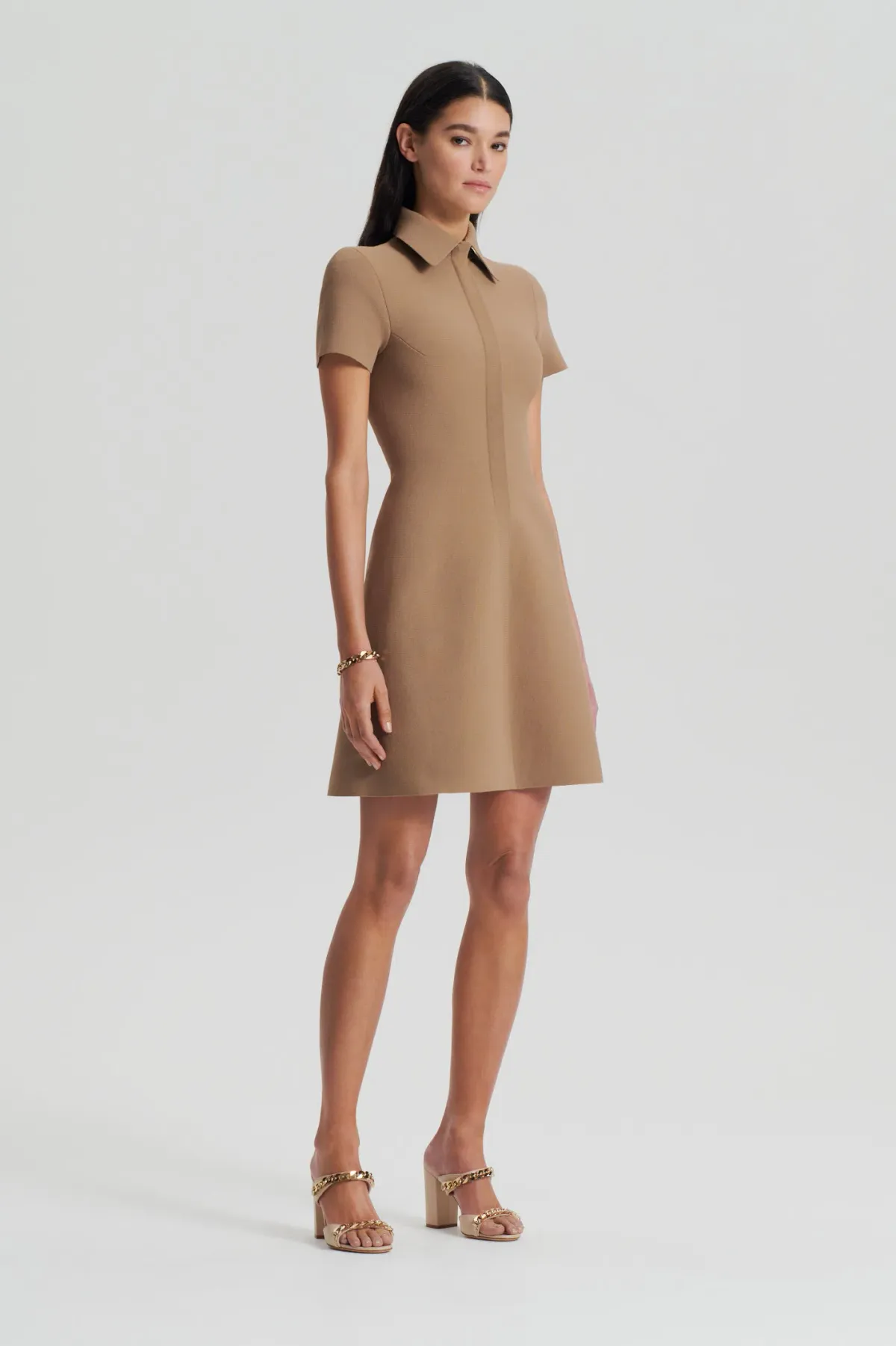 Crepe Knit Zip Shirt Mini Dress Camel - Image 2