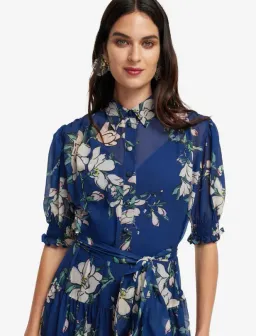 Leo Lin Midnight Magnolia Print Blue Ellie Biship Sleeve Midi Dress - 10 for rent on The Volte - image 3