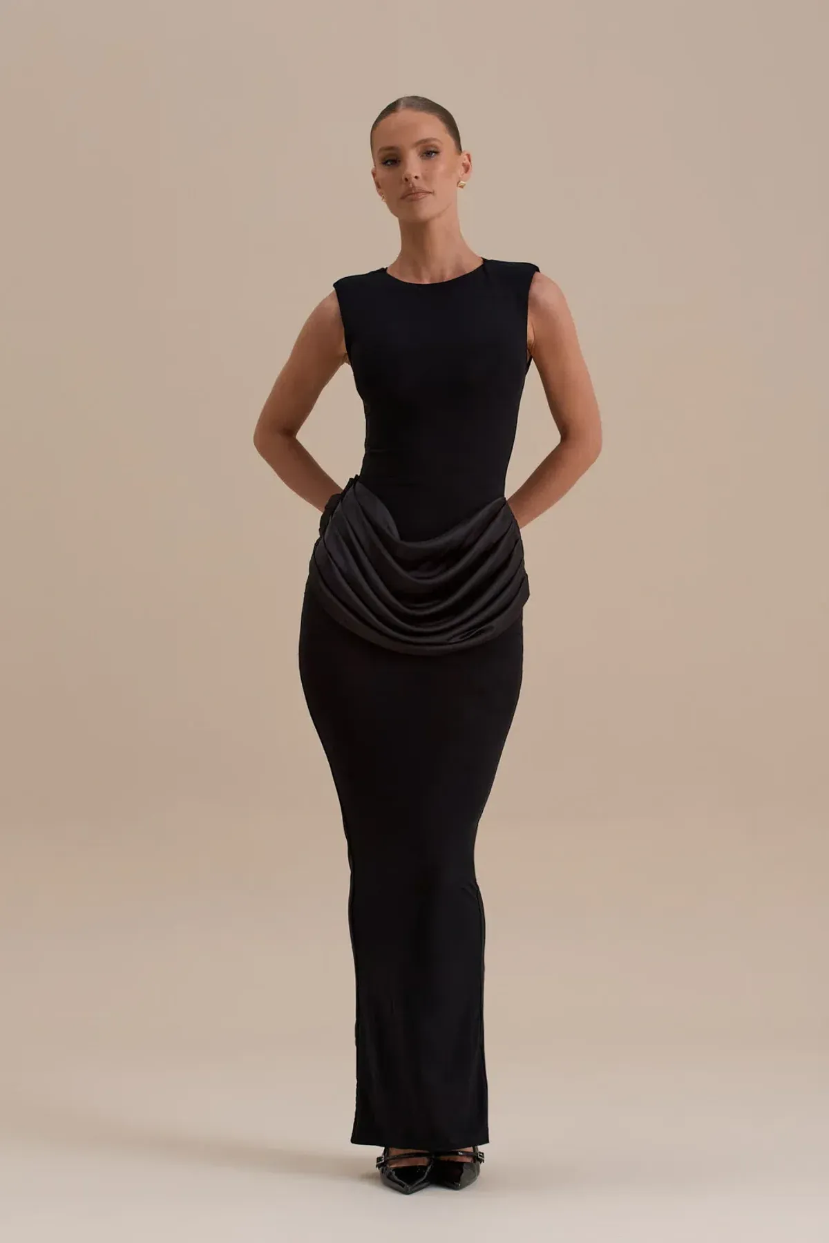Wanderdoll Eman sleeveless slash neck satin drape waist detail bodycon maxi dress in black Size 12 - Image 1