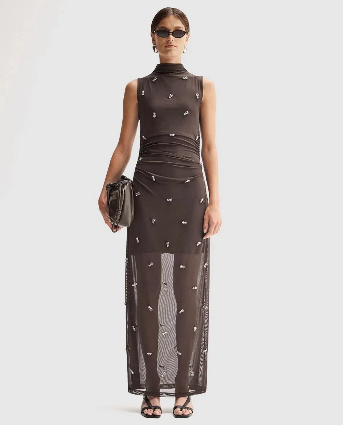 Elka Collective Elara Brown Mesh Beaded Maxi Dress - Image 1