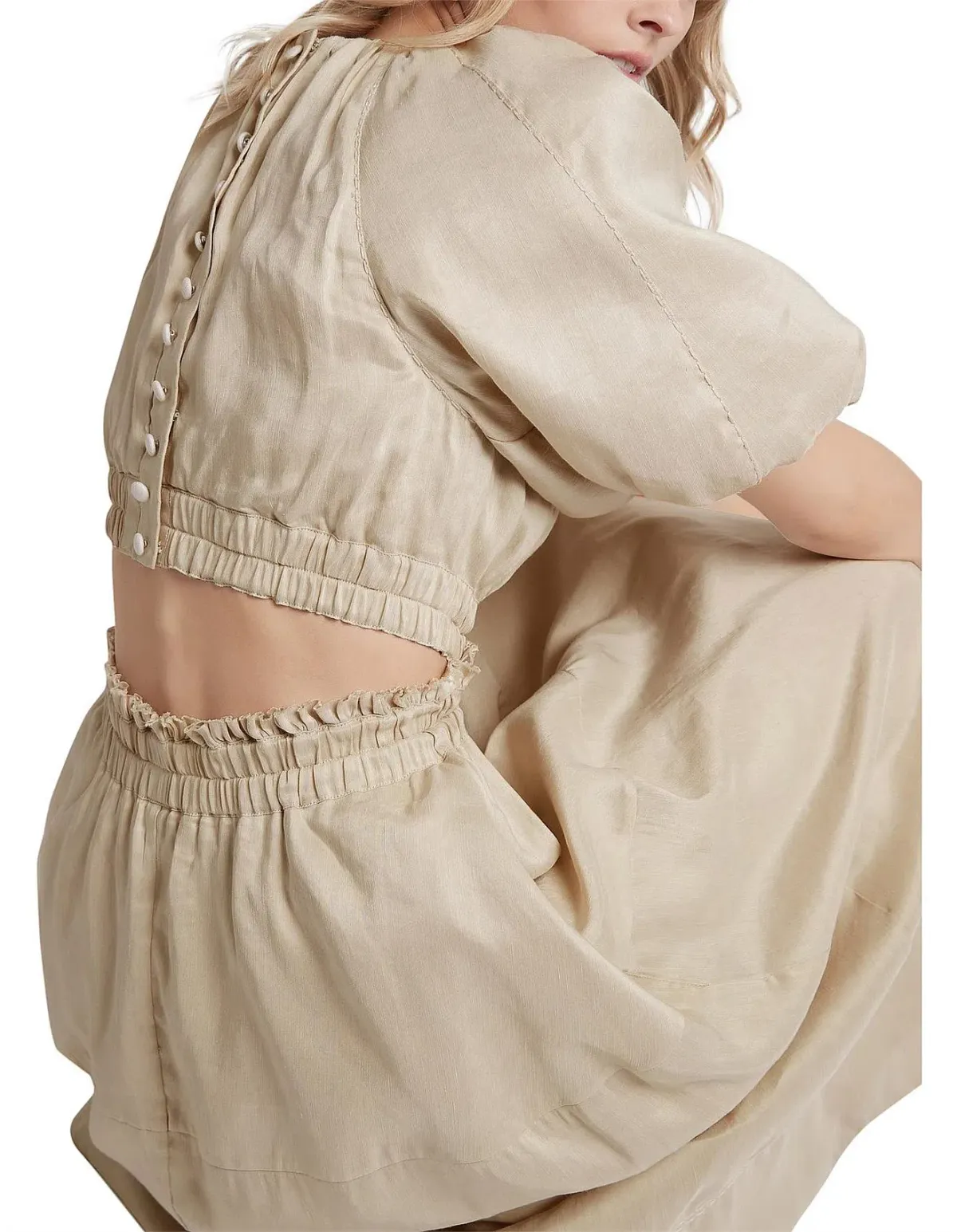 AJE Euphoria Linen Puff Sleeve Cut Out Stone Midi Dress  - Image 4