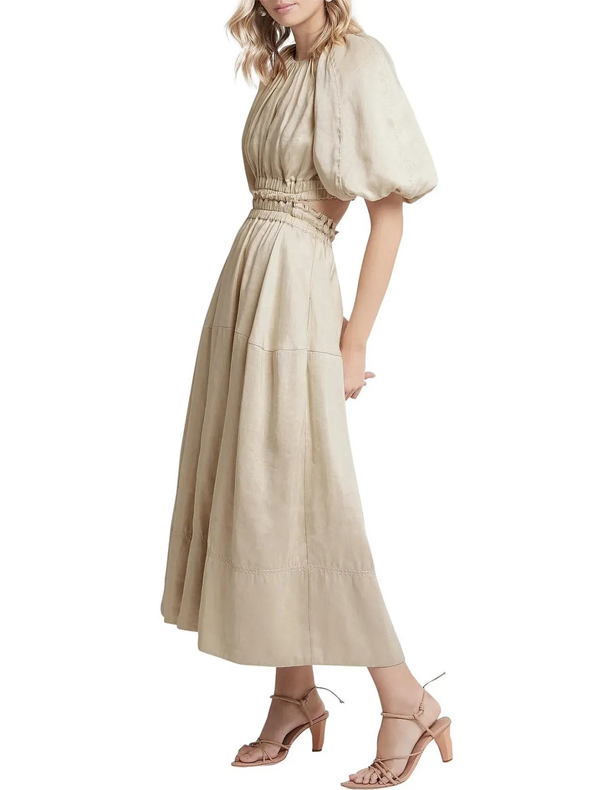 AJE Euphoria Linen Puff Sleeve Cut Out Stone Midi Dress  - Image 1