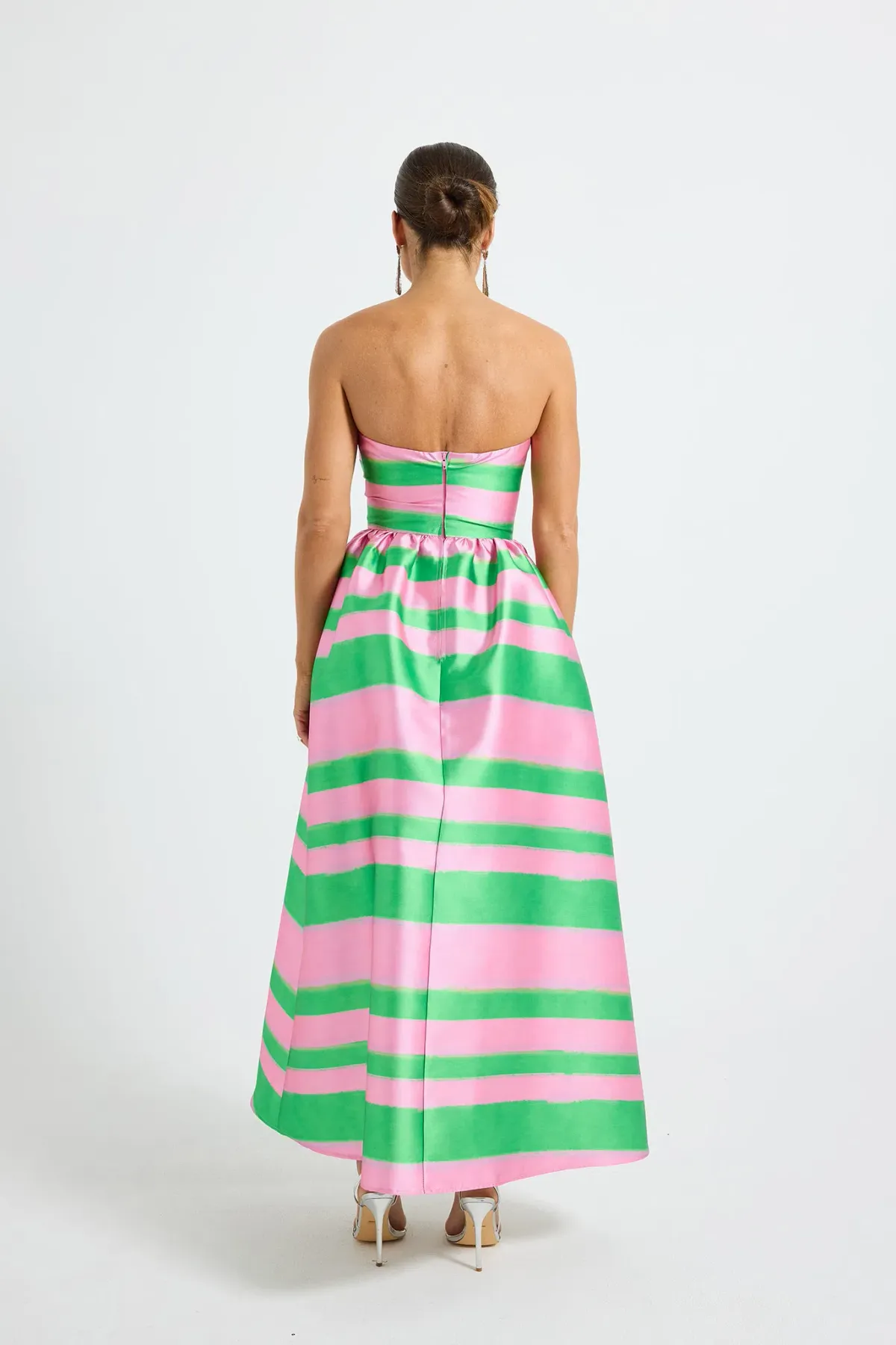 Pasduchas Gigi Strapless Midi Dress in Watermelon Green/Pink Stripe Print Size 12 - Image 3