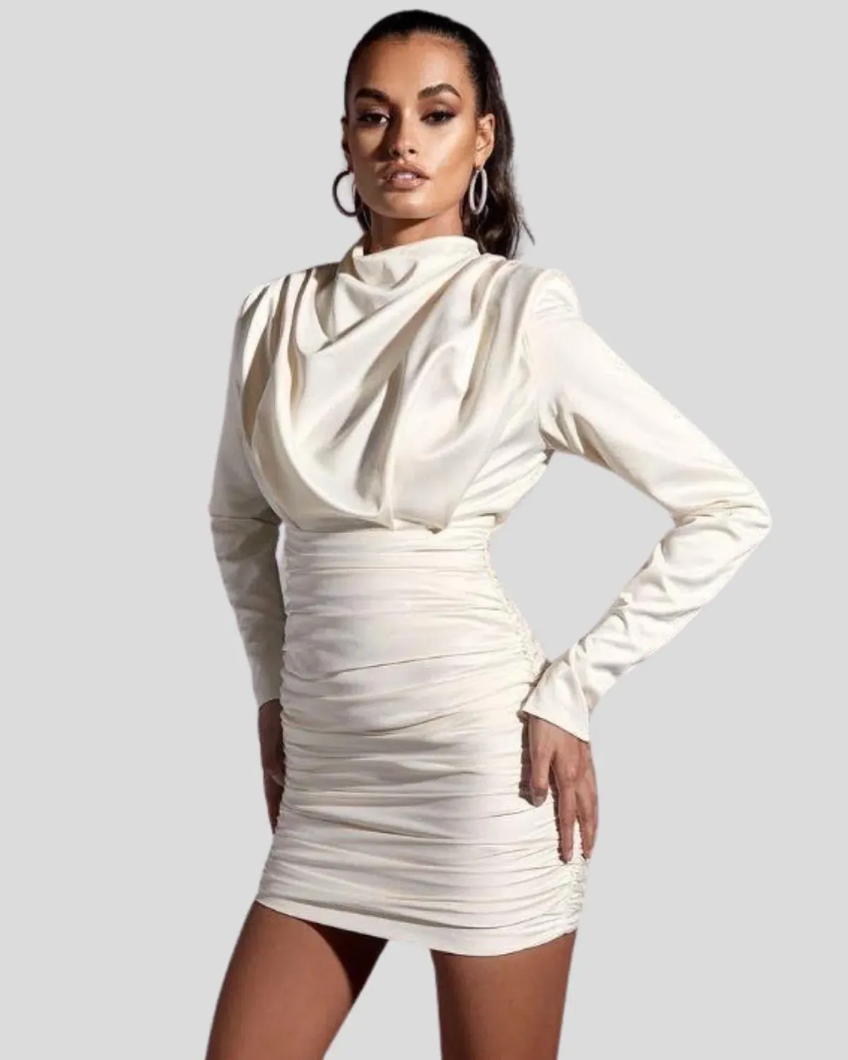 House Of CB Giorgiana Satin Draped Ruched Dress Ivory Cream 6 Extra Small XS - Image 2