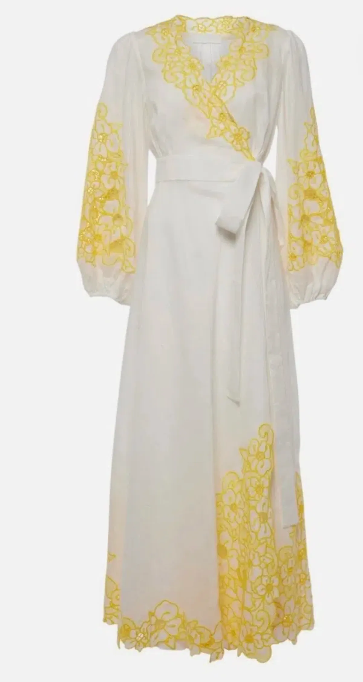Zimmermann Golden Embroidered Midi Dress | White/Yellow, Wrap Style Size 3 /14 Anglaise, Dolman - Image 4