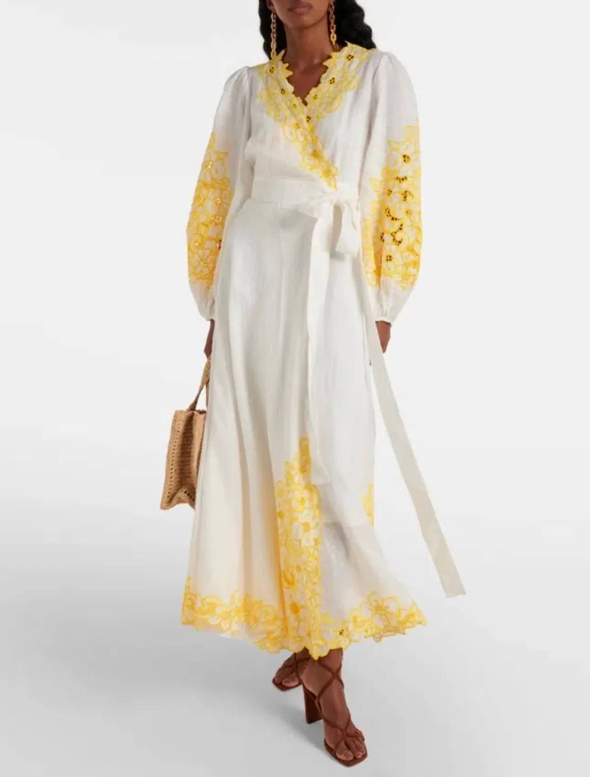 Zimmermann Golden Embroidered Midi Dress | White/Yellow, Wrap Style Size 3 /14 Anglaise, Dolman - Image 1