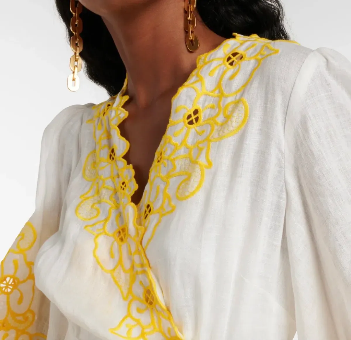 Zimmermann Golden Embroidered Midi Dress | White/Yellow, Wrap Style Size 3 /14 Anglaise, Dolman - Image 3