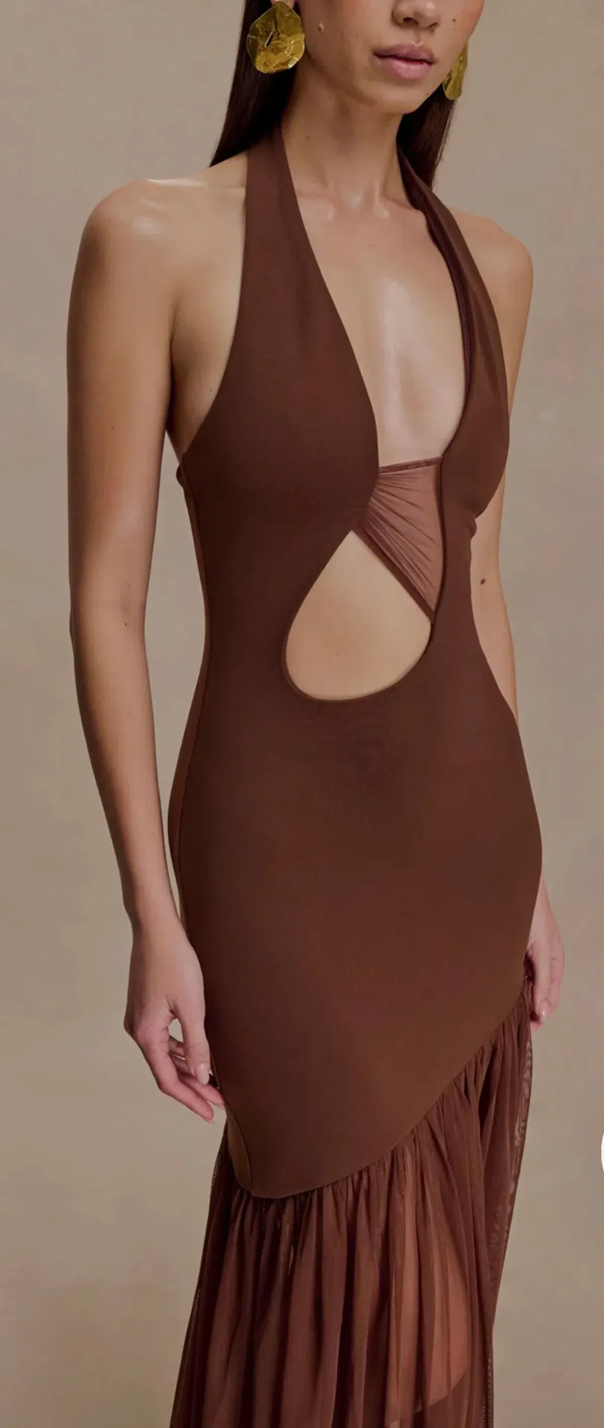 Meshki Aubree Crepe Mesh Maxi Dress - Chocolate  - Image 5