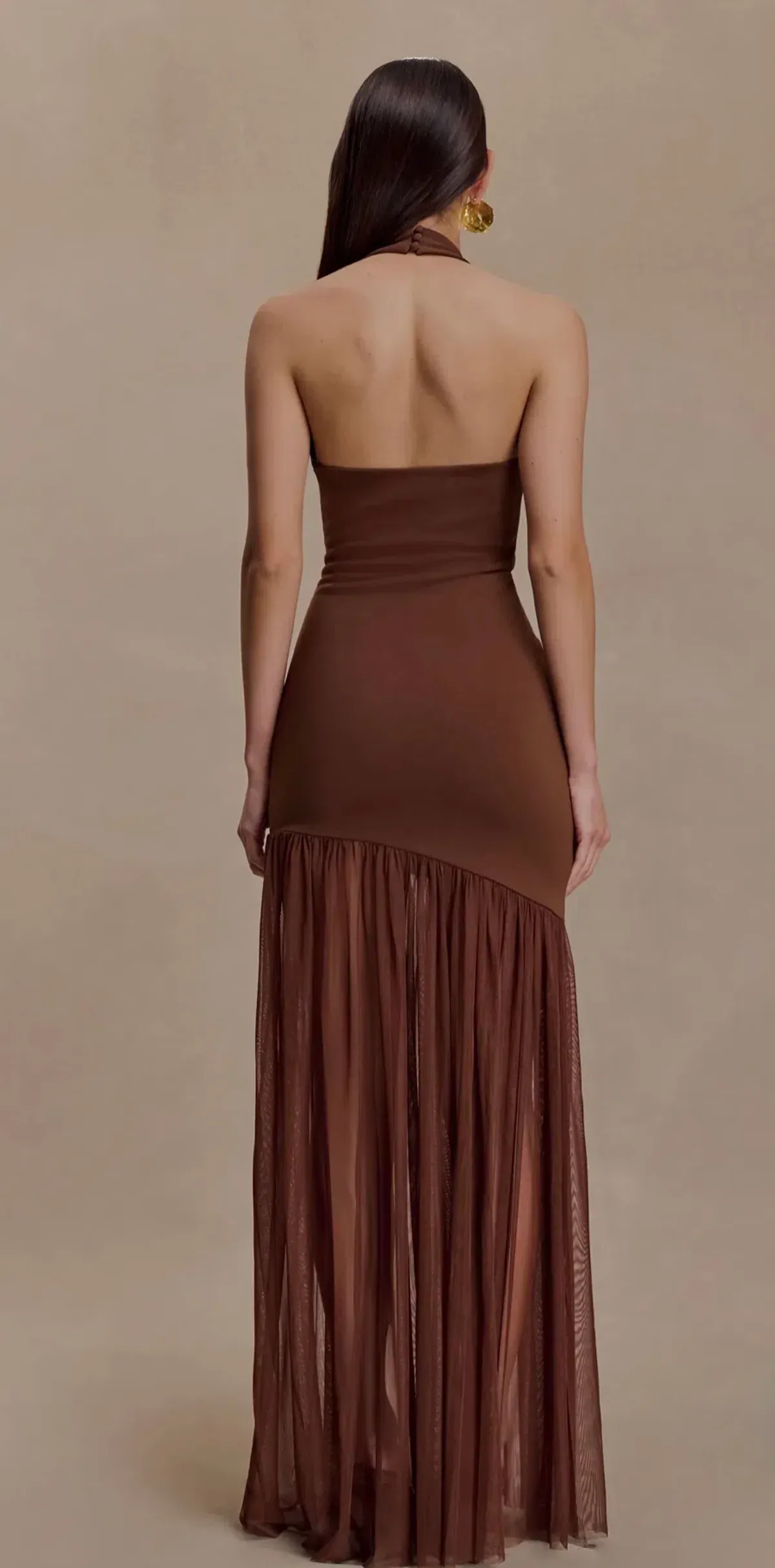 Meshki Aubree Crepe Mesh Maxi Dress - Chocolate  - Image 2