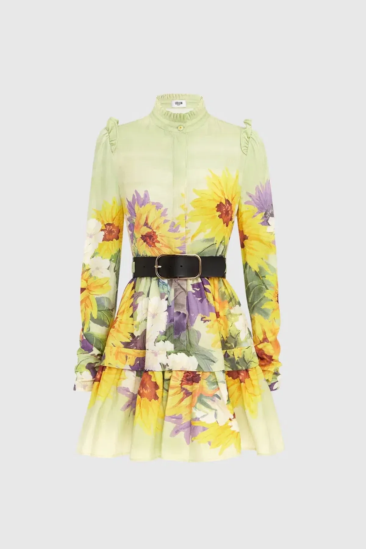 Leo Lin Christina High Neck Mini Dress - Sunflower Print in Green. Size 10 - Image 4