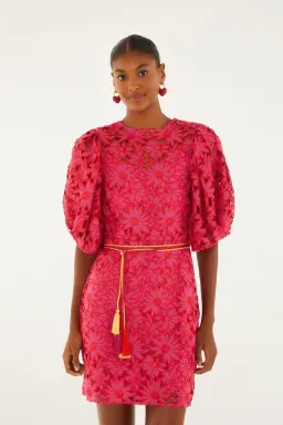 Farm Rio Pink Flowered Lace Puff Sleeve Lined Mini Dress XL / AU 14 for rent on The Volte - image 2