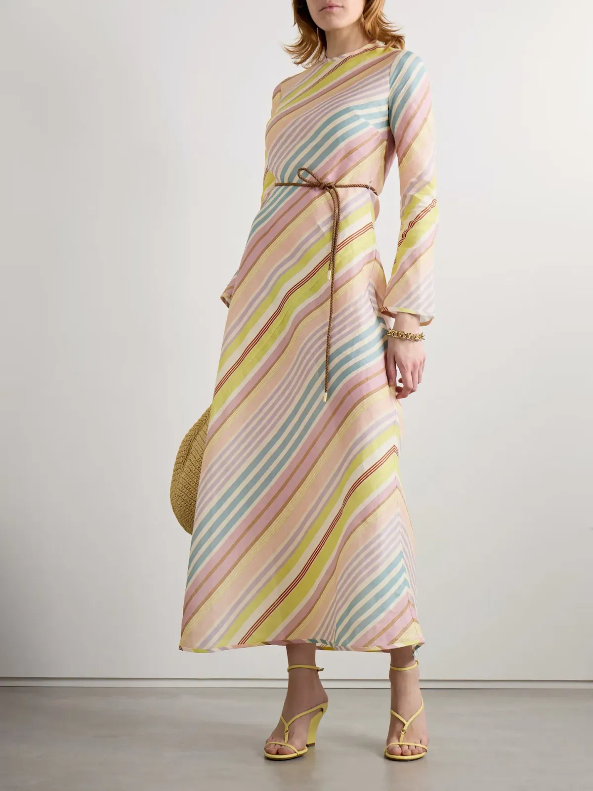Zimmermann Halliday Belted Linen Long Sleeve Midi Dress in Pastel Stripe Multi Size 1 / AU 10  - Image 1