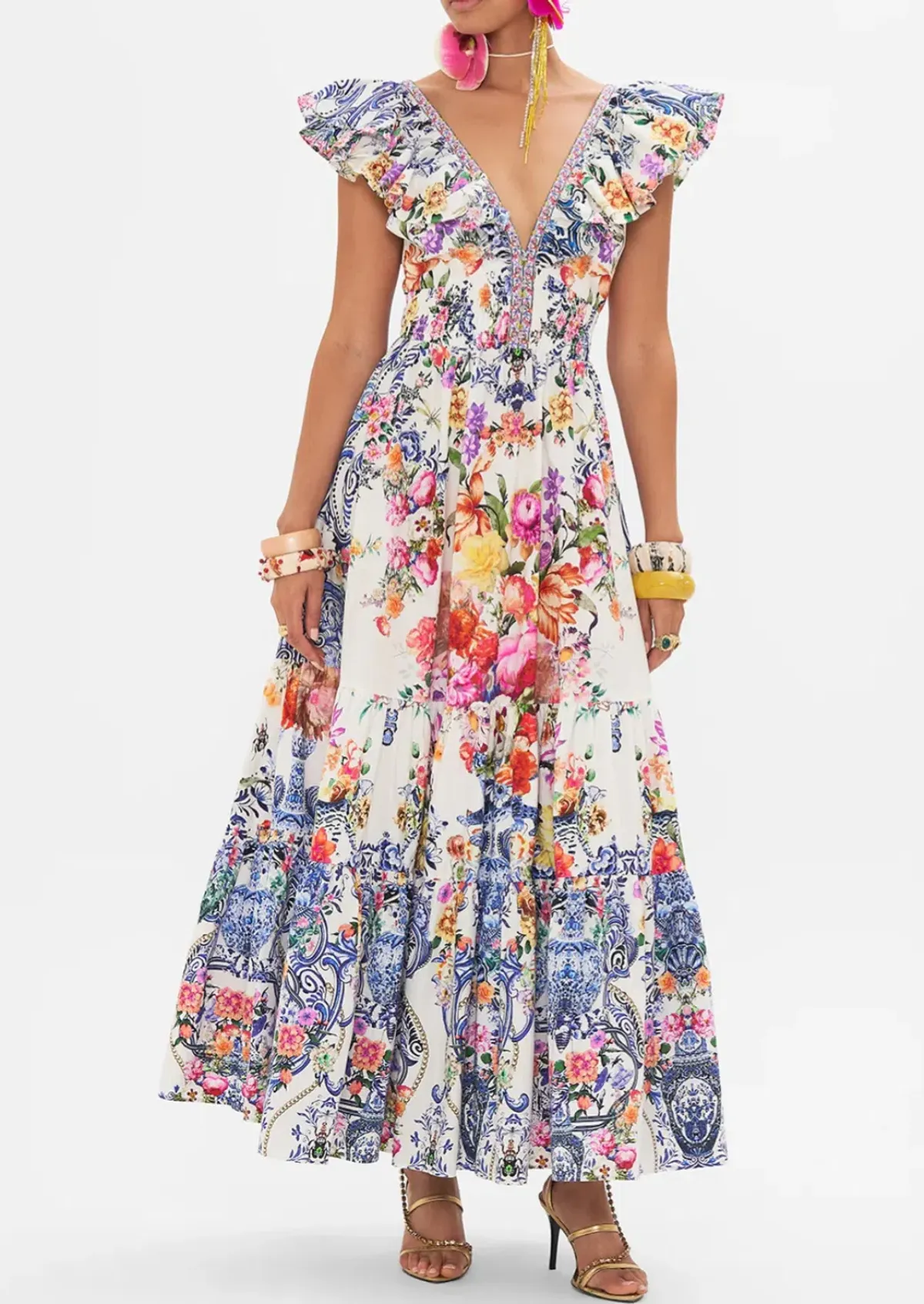 Camilla Tiered Dress with Neck Frill in Dutch Is Life Print Size XL AU 16 - Image 1