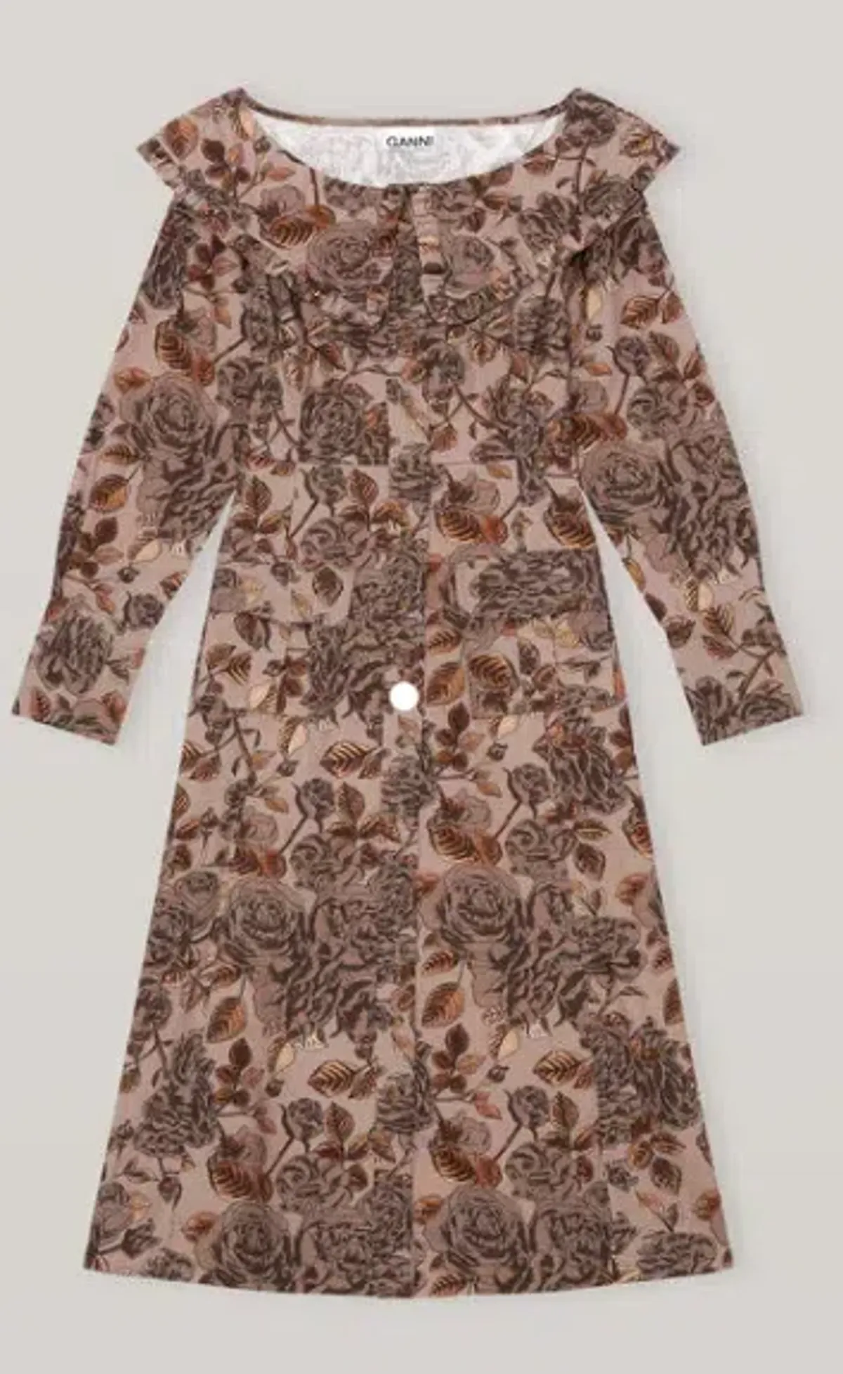 GANNI Ruffle Mushroom brown floral organic cotton poplin button dress - Size 38 (10) - Image 2