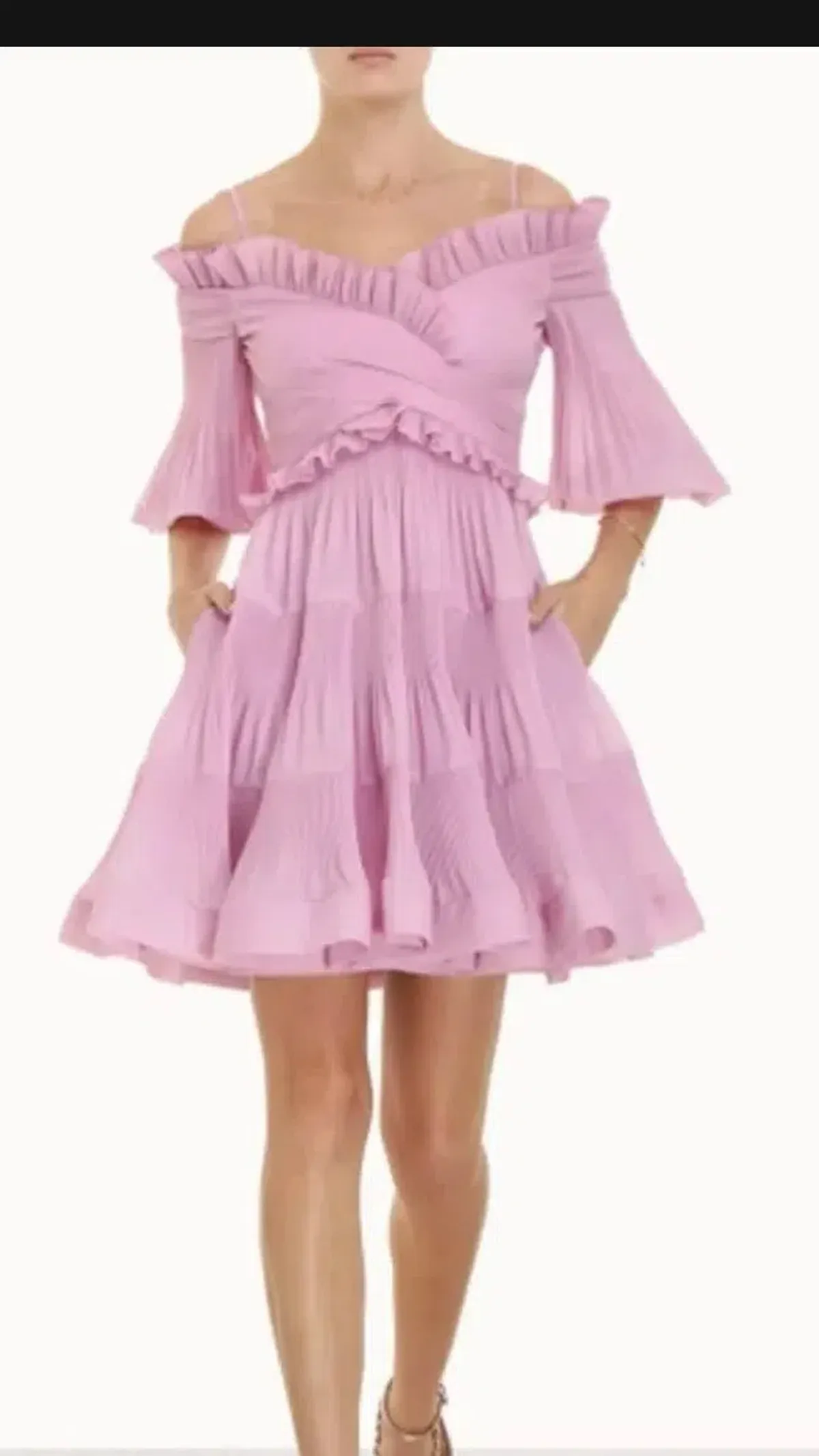 Zimmermann Pleated Off the Shoulder Mini Dress Lilac s.1 /10 - Image 4