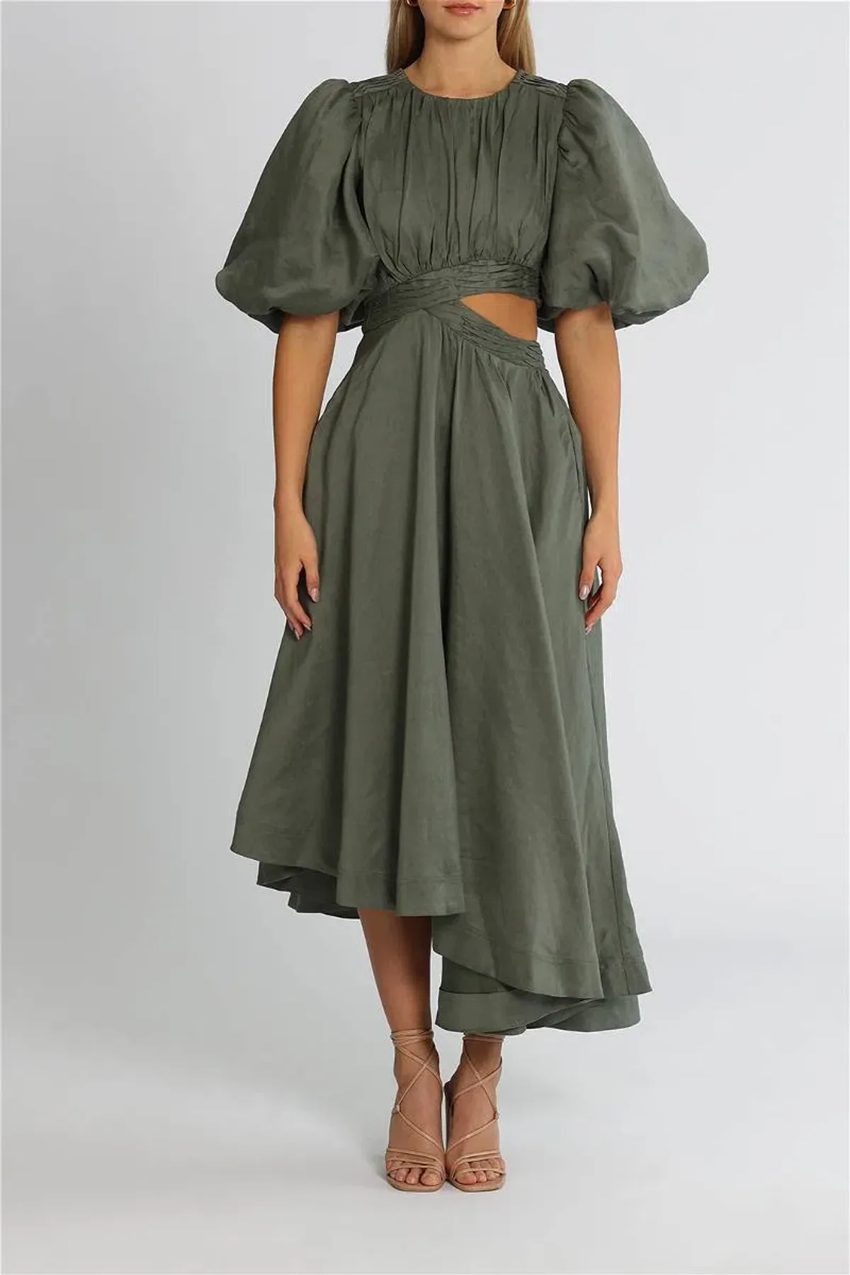 Aje Tidal Tucked Cut Out Midi Dress Green Size 10 - Image 1