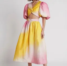 AJE Cloud Burst Cropped Top & Midi Skirt Set Ombre Pink & Yellow SZ 10  for rent on The Volte - image 2