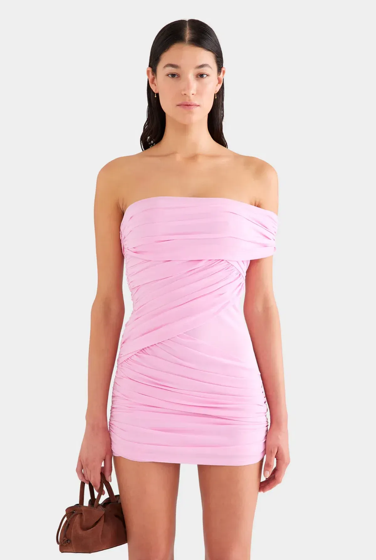 VENROY One Shoulder Silk Bandeau Mini Dress In Pink - Image 1
