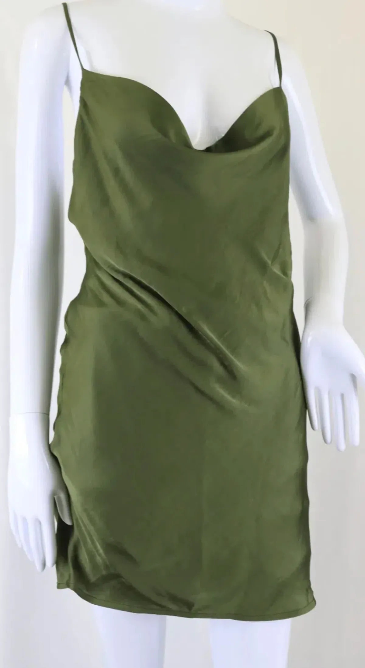Bardot: Olive Satin Cowl Neck Slip Dress (Size 8) - Image 1