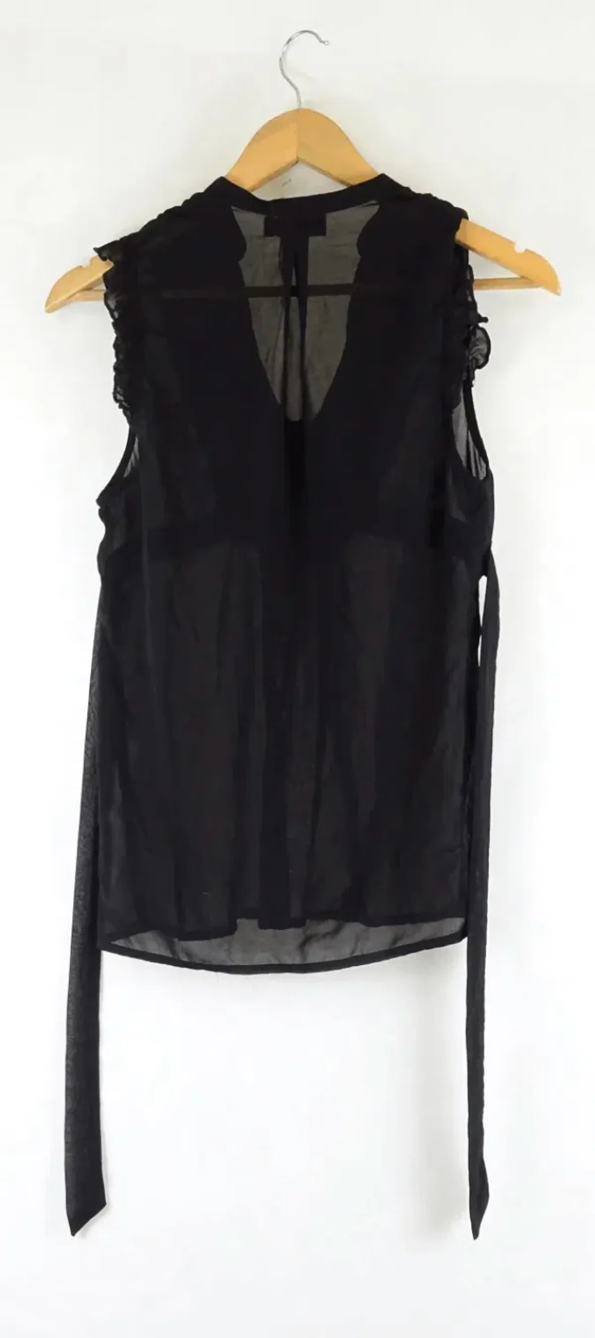 Pilgrim Size 6 Black Sheer Sleeveless Ruffle Blouse with Tie Waist - Image 2
